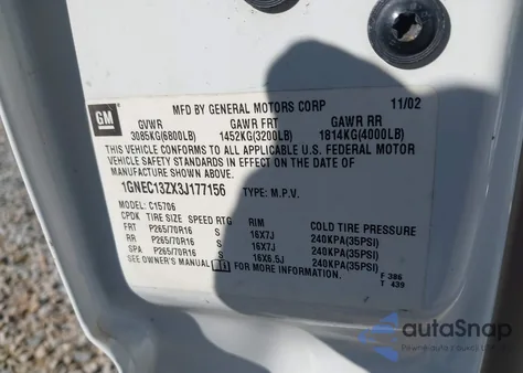 2003 Chevrolet Tahoe Ls from USA, damaged, VIN 1GNEC13ZX3J177156